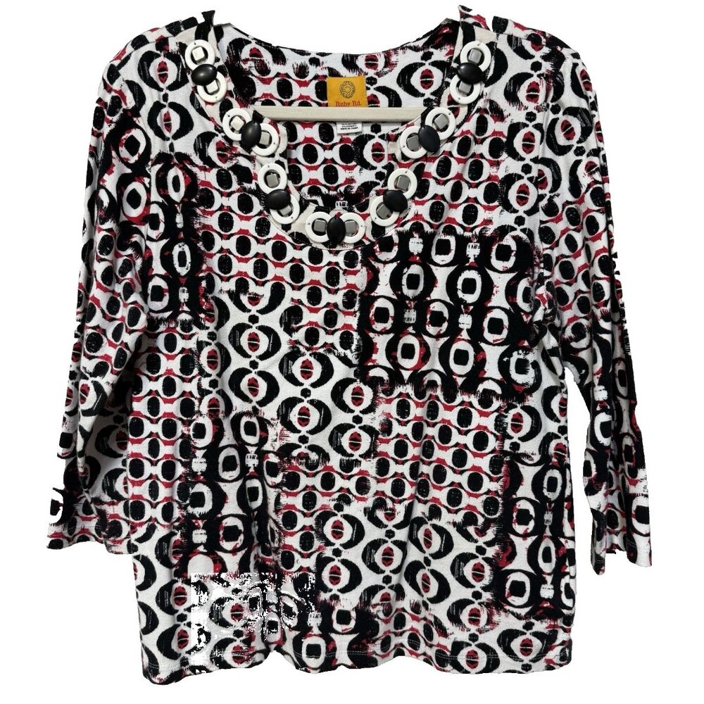 Ruby Rd Womens Large Blouse Knit Top Shirt Embellished Neckline Red Black Silver